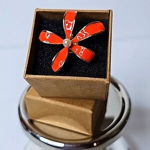 Large Flowered Custom Orange Ring W/Center Pearl & Gold Adj. Band. OS